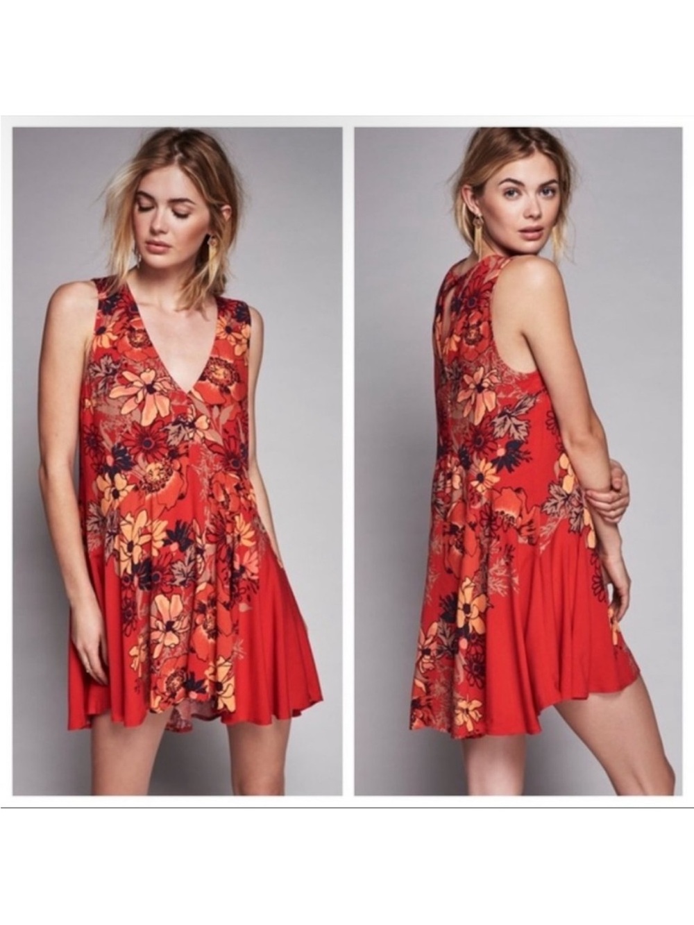Free People Red Floral V-Neck Tank Top